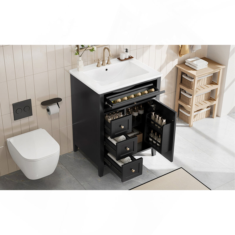 Meuble-lavabo noir 24 po avec lavabo, panneau de fibres à densité moyenne et bois d'hévéa, 3 tiroirs et armoire avec tablettes réglables, conception moderne pour les petites et moyennes salles de bain