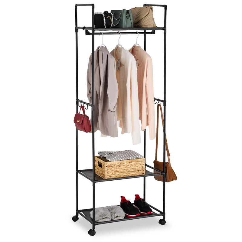 Portant à vêtements roulant 3 en 1 ultra-résistant, organisateur de placard portatif avec structure en acier au carbone - Roues verrouillables - Barre de suspension + Étagère supérieure pour sacs + Étagères de rangement à 2 niveaux, Noir