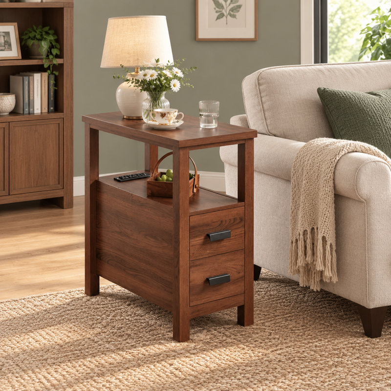 Petite table d'appoint en bois avec station de recharge, 2 tiroirs, ports USB et prises électriques, finition noyer