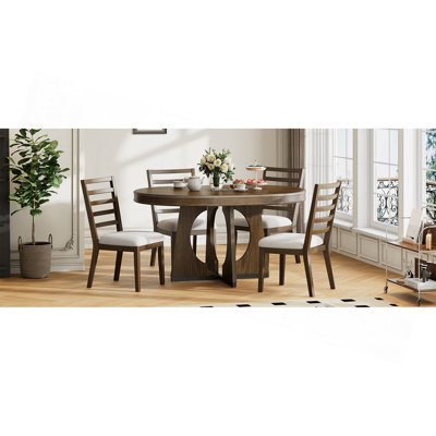 Round Dining Table for 4 with Chairs Set, Extendable Dining Table Set with 16" Removable Middle Leaf, 5 Piece Dining Table Set Unique Geometric Design