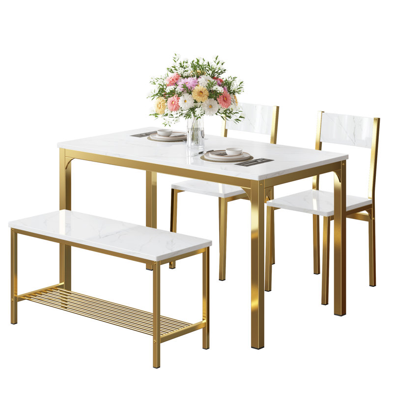Ensemble de table de salle à manger 4 personnes Pickell, 2 chaises avec dossier, banc pour 2 personnes avec support de rangement