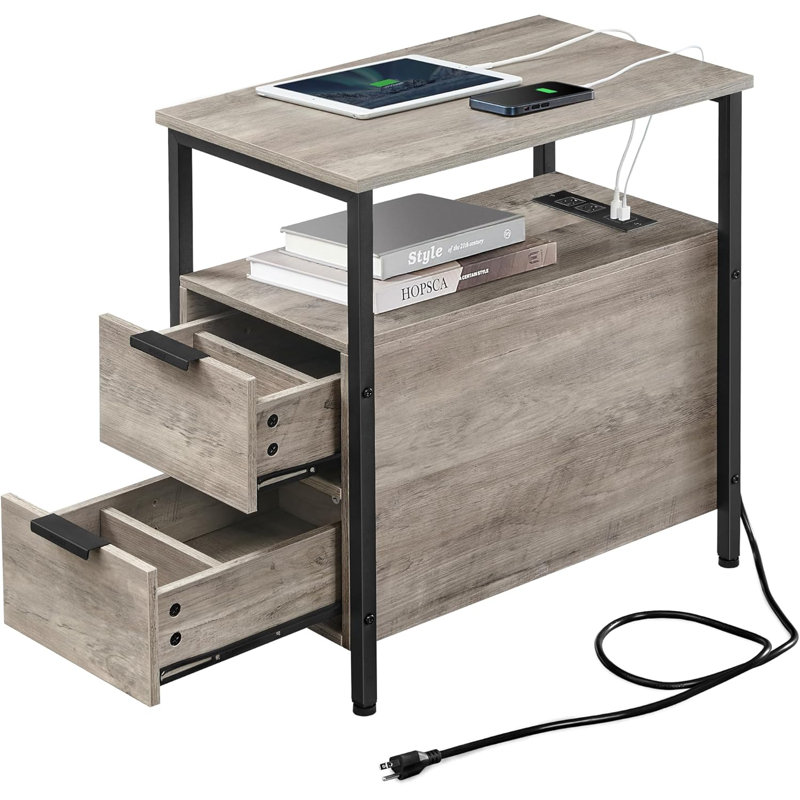 Side Table with Charging Station, Narrow End Table with 2 Drawers, Slim Nightstand and Bedside Table with Storage, for Small Spaces, Greige + Black