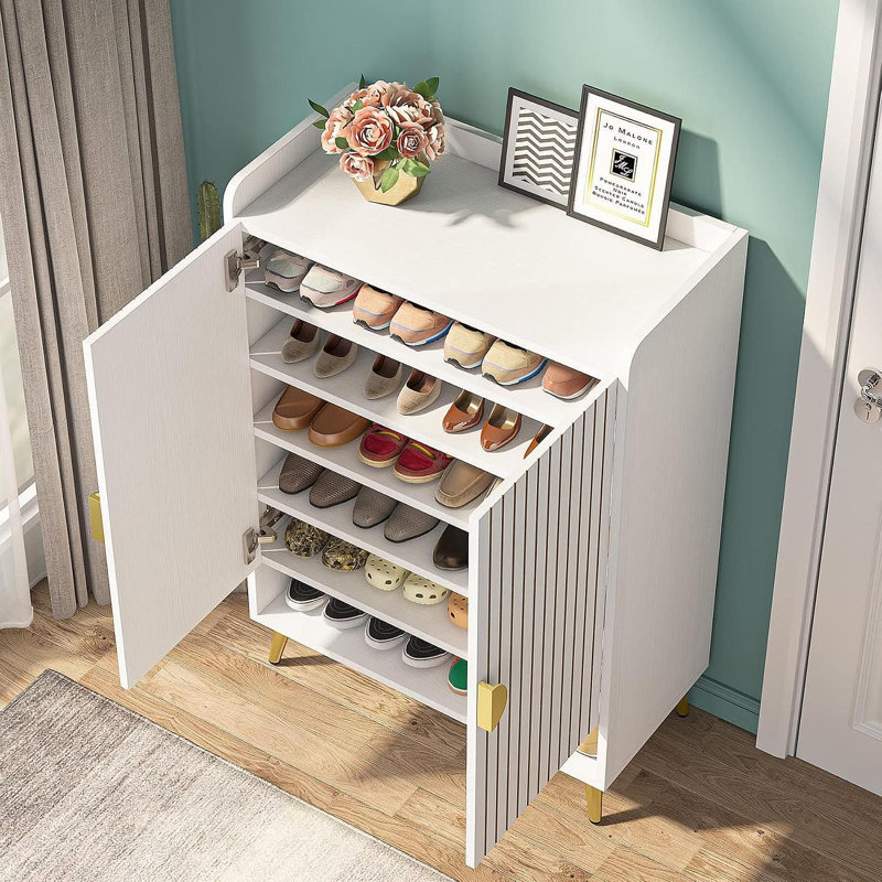 Armoire à chaussures 29,6 po en bois blanc et or avec portes, range-chaussures à 7 niveaux, Noyer / doré