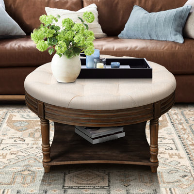 Grande table basse ronde avec repose-pieds imperméable surdimensionné à 2 niveaux avec tablette en bois et rangement en bois