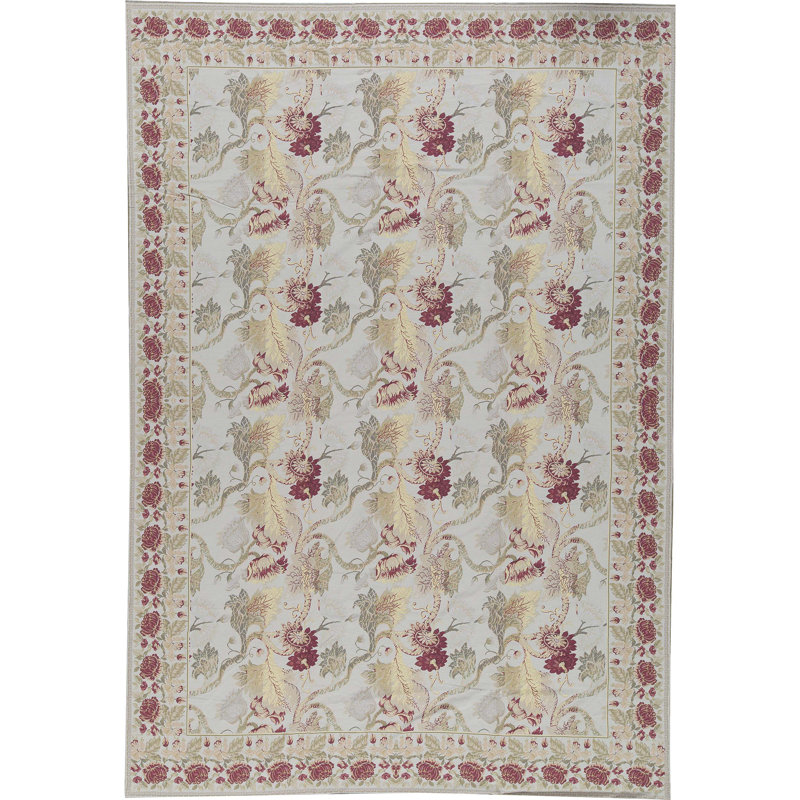 Milano Savonile Azm Wool Floral Area Rug in Ivory/Red, Rectangle 10'2" x 14'2"