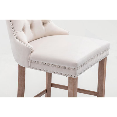 Tabourets de bar contemporains rembourrés en velours avec décoration capitonnée à boutons et pieds en bois, garniture cloutée en chrome, chaises de bar style loisirs, tabourets de bar, ensemble de 2
