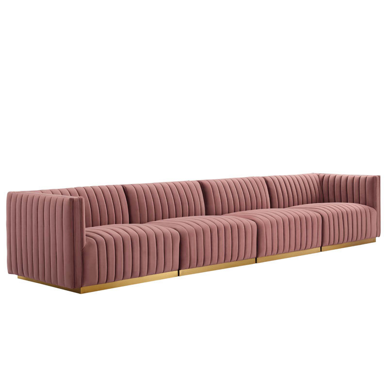 Conjure Channel Tufted Sofa by Modway, Gold, Dusty Rose Velvet, 28" H x 155" W x 36.5" D