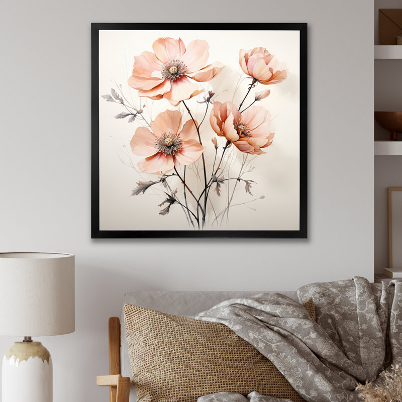 Fleur de pêche minimaliste beige - art mural floral, Cadre simple noir, H 16 po x l 16 po x P 1 po