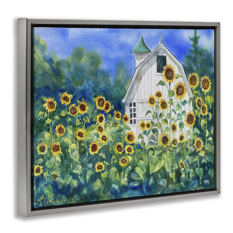 Hauts tournesols et grange campagnarde, H 17 po x l 21 po, Cadre flottant gris lustré