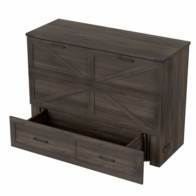Structure de lit double escamotable de style campagnard pleine grandeur avec station de charge, cadre de lit plateforme pliable avec grand tiroir de rangement pour chambre d'amis, petit lit de chambre à coucher, gris rustique