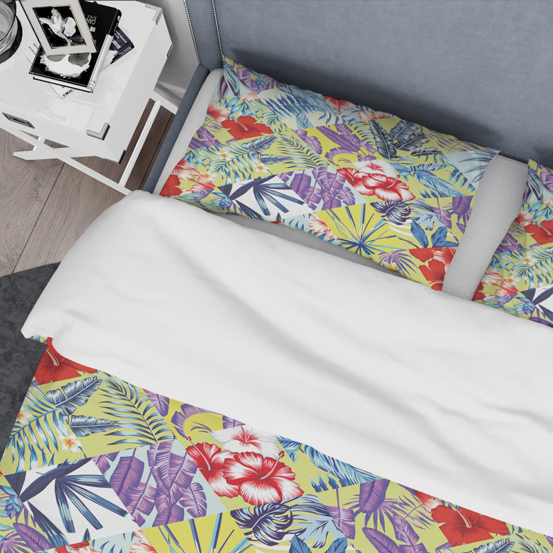 Multicolor Tropical Patchwork Polyester Floral Duvet Cover, King Duvet Cover + 2 King Shams