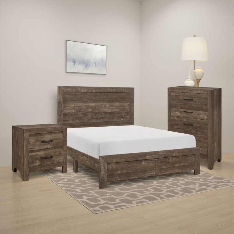 Ensemble de chambre double 3 pièces Ko, détails de panneau, poignées en métal noir, , Brun