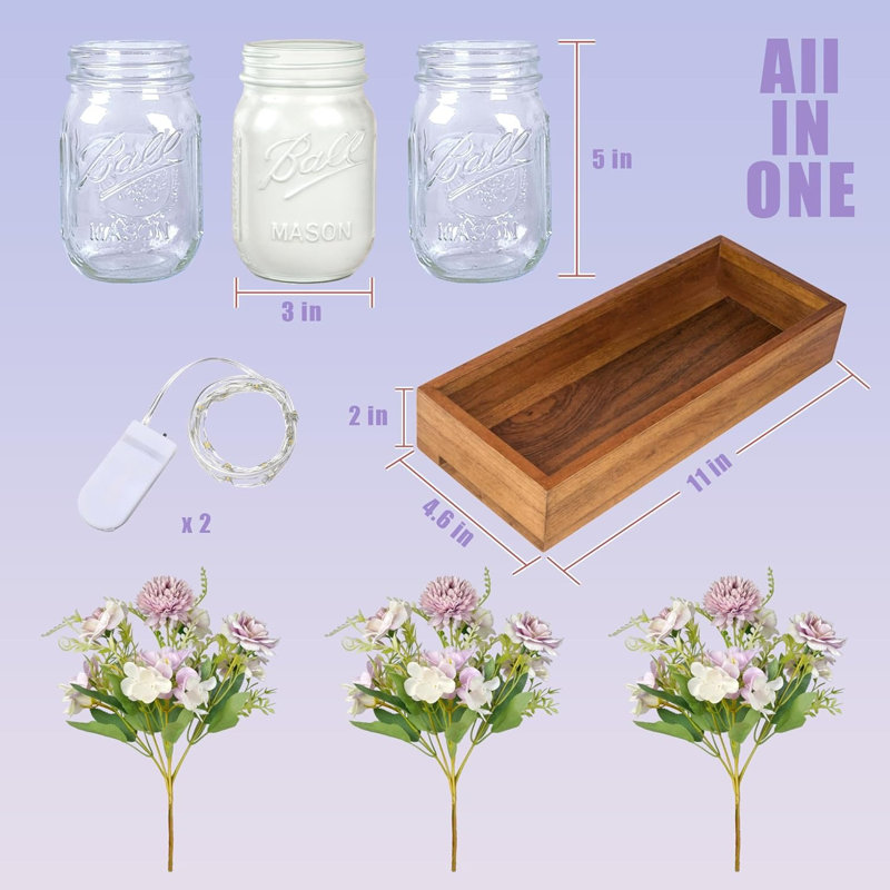 Centre de table mauve à fleurs mauves avec lumières à DEL et plateau en bois
