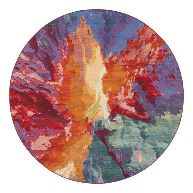 Azaleea Power Loomed Polypropylene Indoor/Outdoor Area Rug in Blue/Red/Orange, Round 7'1"