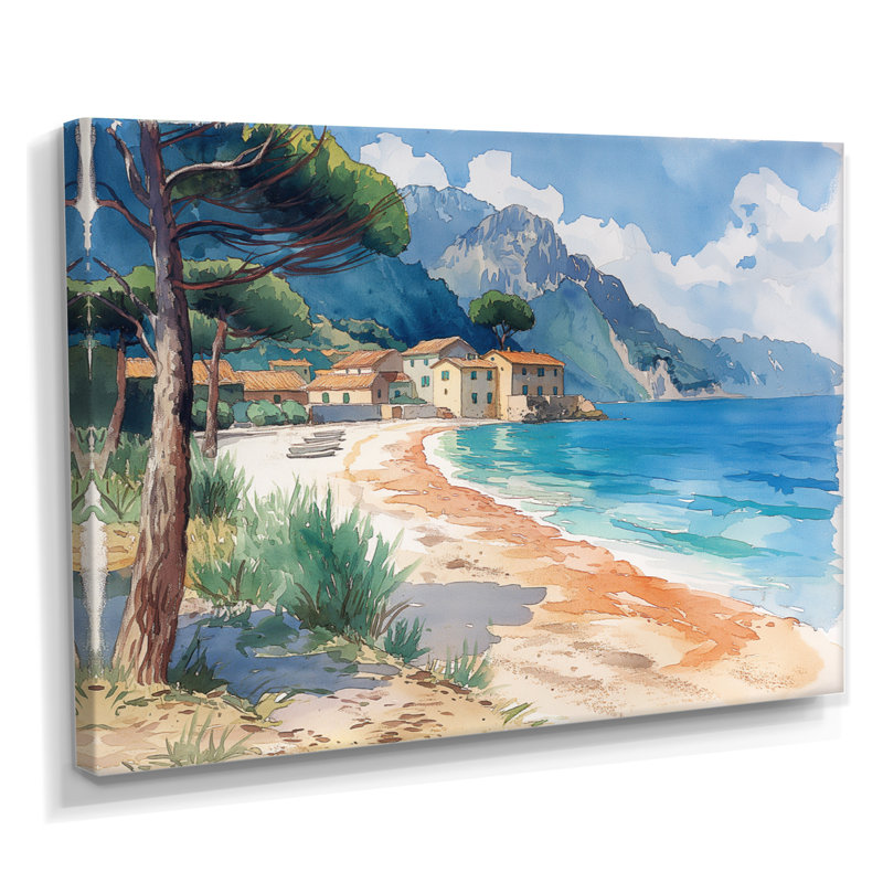 «Blue Green Italian Beachside Escape», art mural plage, H 30 po x l 40 po x P 1,5 po, Toile tendue
