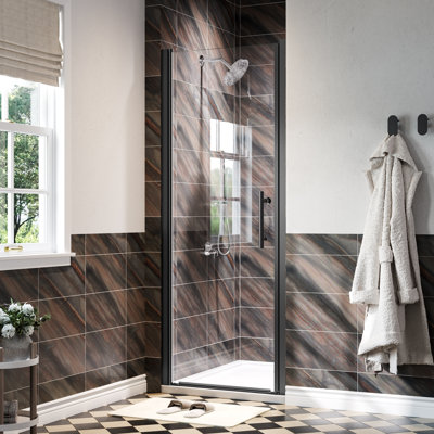 30" W x 75" H Pivot Shower Door With Tempered Glass，Semi-Frameless Swinging Door， Matte Black