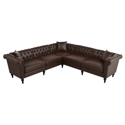 Sectional Sofa Couch for Living Room, L Shaped Reversible Modern Chesterfield Sofa with Rolled Arms and Nailhead, 5 Seat Tufted Couch for Small or Large Space, PU Leather