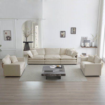 Ensemble de canapés de 3, 1 + 1 + 3 sièges, ensemble de canapé de salon, fauteuil d'appoint, causeuse et canapé à trois places, ensemble de canapés à accoudoirs ronds de style moderne 3 pièces, chenille beige
