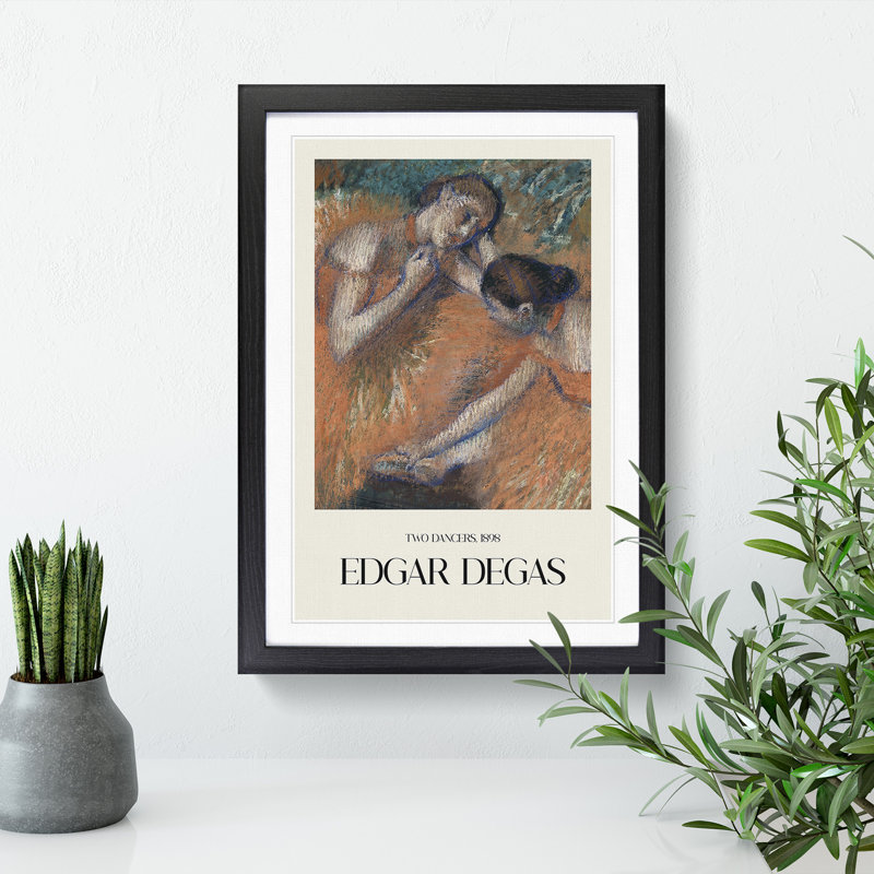 Two Ballet Ballerina Dancers in Orange by Edgar Degas - Picture Frame Painting, 65cm H x 48cm W x 2cm D, Black Framed