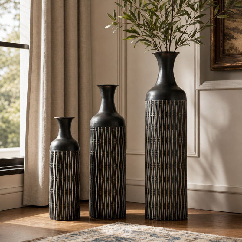 Ensemble de 3 vases de sol modernes en métal noir avec motif texturé pour le salon (32,68, 25,98, 19,69 po)