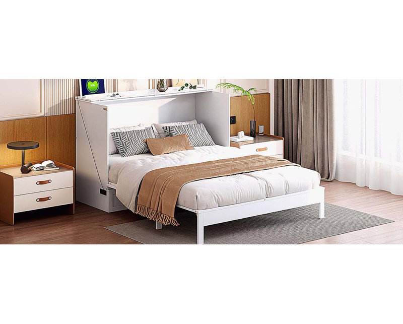 Lit escamotable double avec grands tiroirs, blanc, Lit double, Blanc