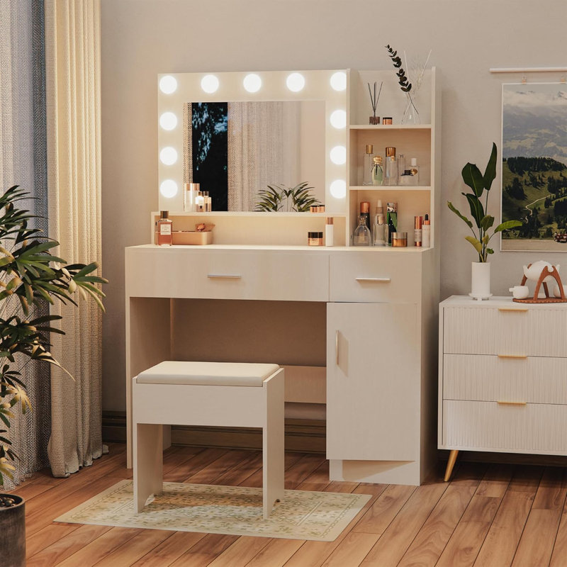 Dressing Table With LED Mirror & Storage Stool, White Vanity Desk With 3-Color & Dimmable Lights