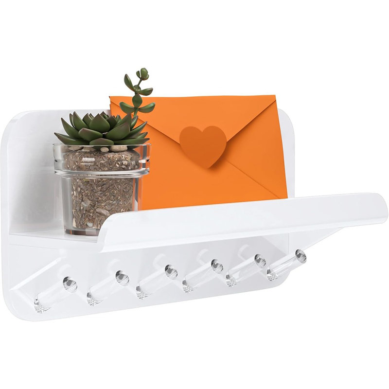 Porte-clés d'entrée pour mur - Porte-clés en acrylique blanc avec tablette Porte-clés mural avec 6 crochets pour bureau