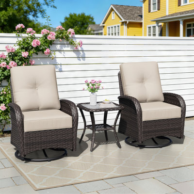 Ensemble de conversation en rotin pour 2 personnes avec table d'appoint, 2 chaises pivotantes et coussins beiges