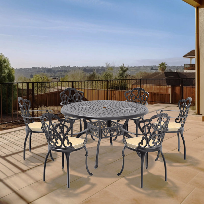 7-Piece Set Of Cast Aluminum Patio Furniture, With Black Frame And Off-White Seat Cushions, 6