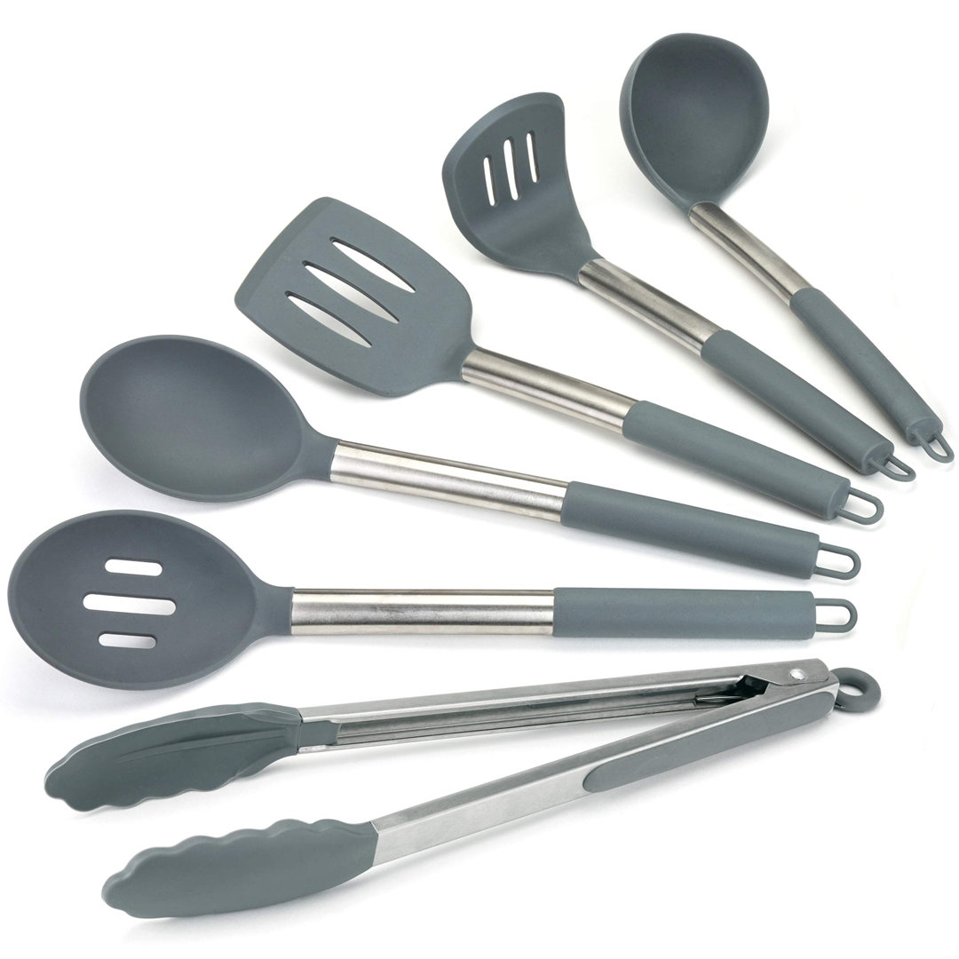 Hochwertiges 6-teiliges Silikon-Küchenutensilien-Set zum Kochen. Elegantes Grau und gebürsteter Edelstahl. Enthält: Zang...