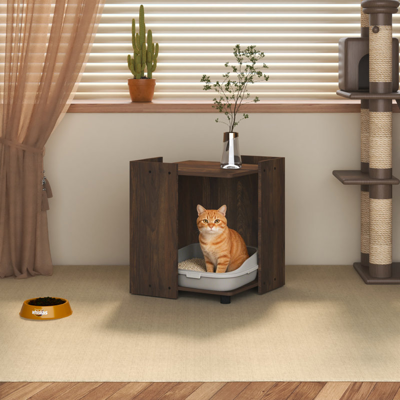 Enceinte moderne pour litière pour chat avec tablette ouverte, Noyer colombien