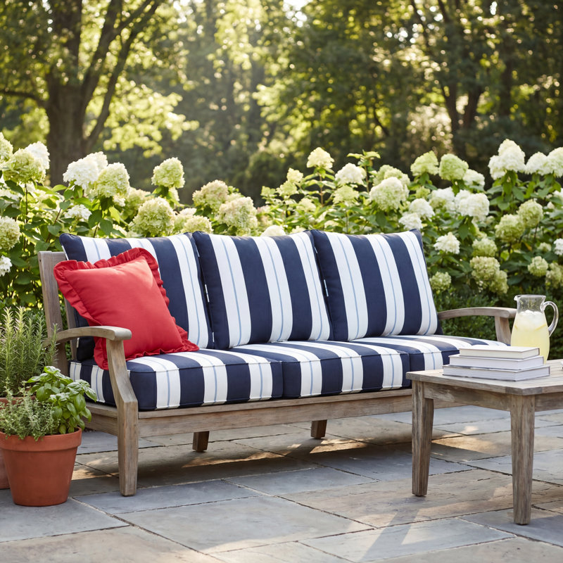 Deana Indoor/Outdoor Sunbrella Seat/Back Cushion, 27" W x 23" H, Navy Stripe Sunbrella®