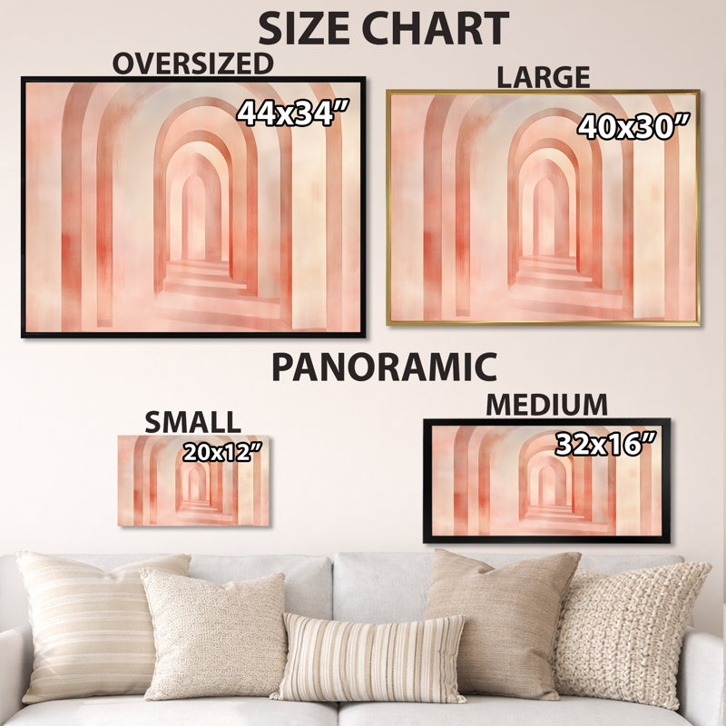 «Blush Arch Glow II» - art mural géométrique rose, Cadre flottant noir, H 28 po x l 60 po