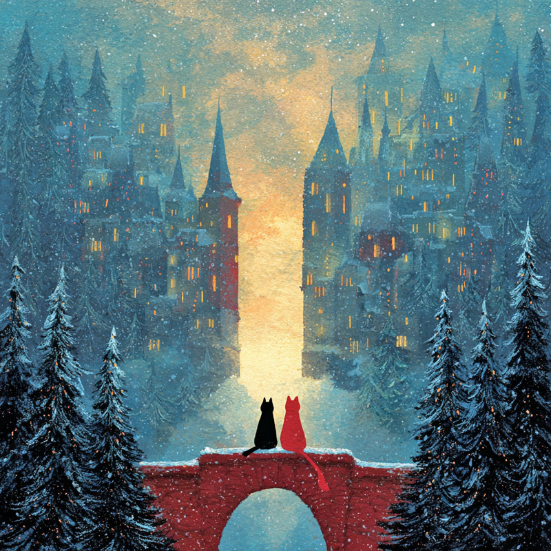 Chats surplombant le château d'hiver II, art mural sur toile tendue, H 20 po x l 20 po