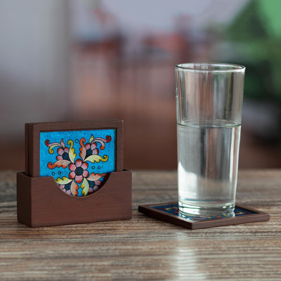 Kejuana Glass Agate Ceramic Jute Leather Crystal Rectangle Round 4 Piece Coaster Set with Holder Set