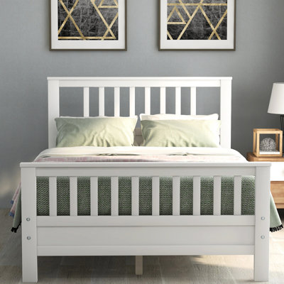 Full White Wood Platform Bed, Paneled Headboard, Solid Slats, Center Support Legs, Bed - Size With 42 Inch High 10 And 4 Legs For A