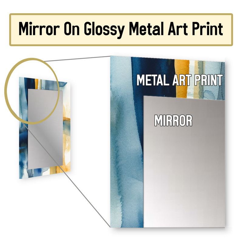 Bleu et or Fusion V - miroir de fractales, miroir mural bleu unique, impression d'art en métal, 32 po x 24 po