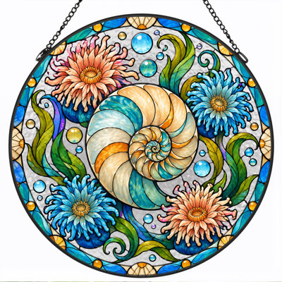 Spiral Seashell with Blue Flowers in Stained Glass Canvas Wall Art