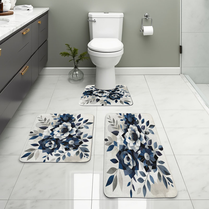 Ensemble de tapis de salle de bain bleu marine et bleu foncé 3 pièces 