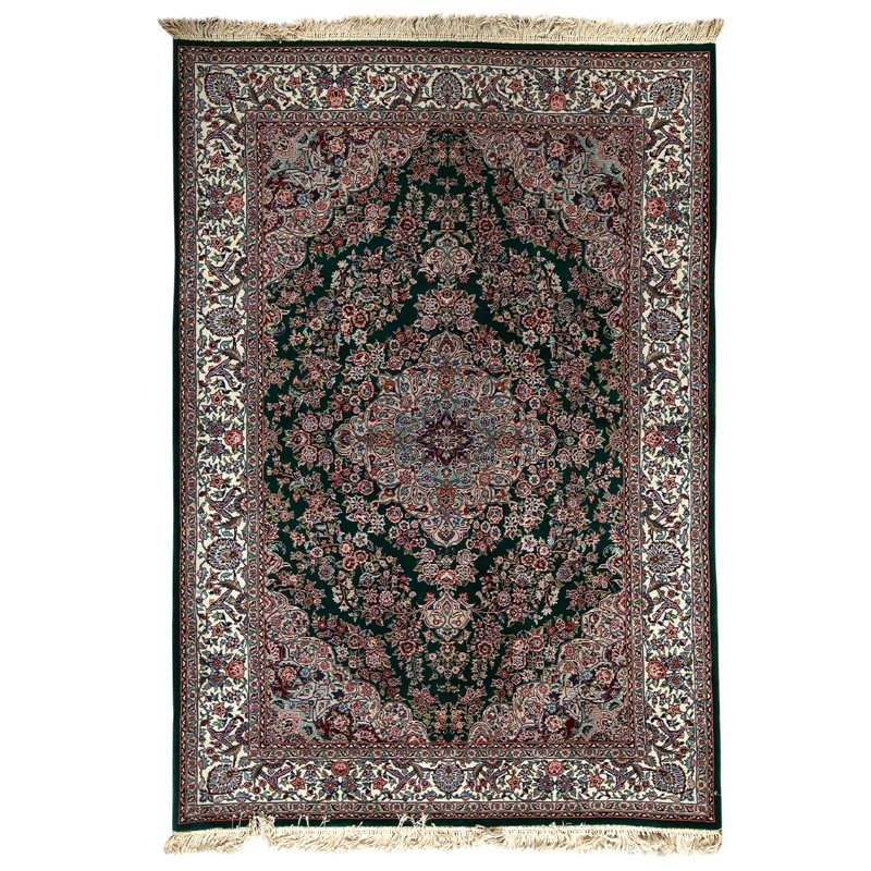 Tapis vert / beige / rouge noué à la main de haute qualité