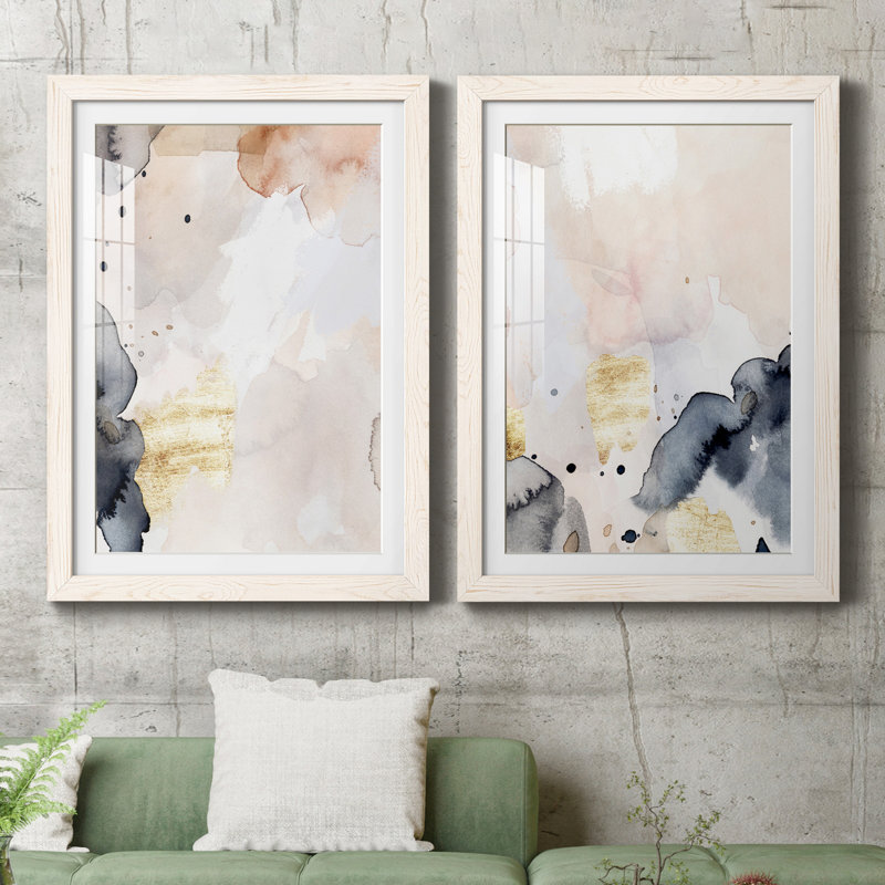 Indigo Blush and Gold III - ensemble de 2 peintures encadrées, H 31,5 po x l 43,5 po x P 1 po, Blanc