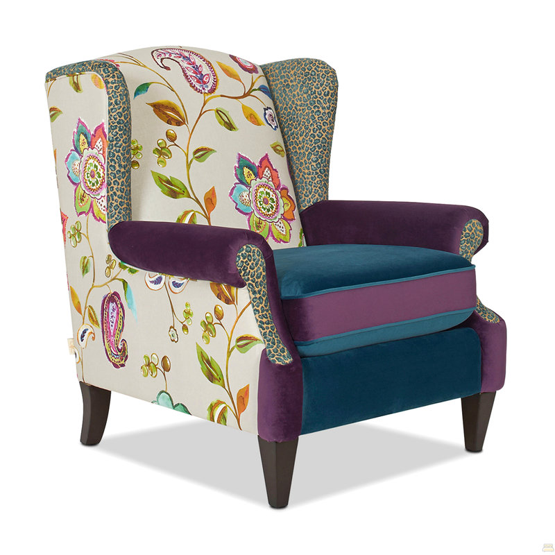 Wingback Accent Arm Chair, Floral & Leopard, Blue-Teal & Purple Velvet, Blue/Purple