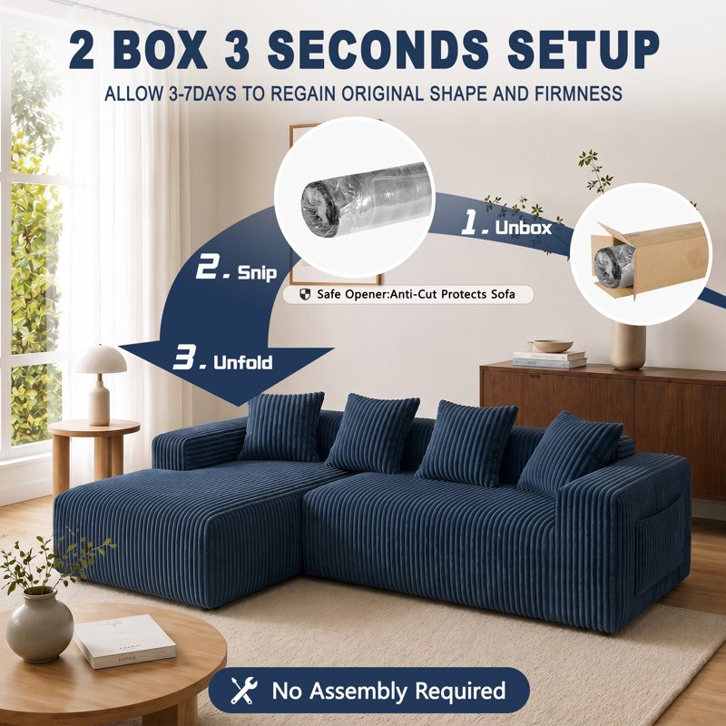 Modern Oversized 262cm Boneless Corner Sofa L-Shaped Corduroy Sofa With Storage Pockets, Blue, Left Hand Facing