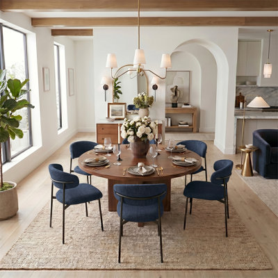 7-Piece 60" Round Walnut Pedestal Dining Table Set With 6 Upholstered Dining Chairs