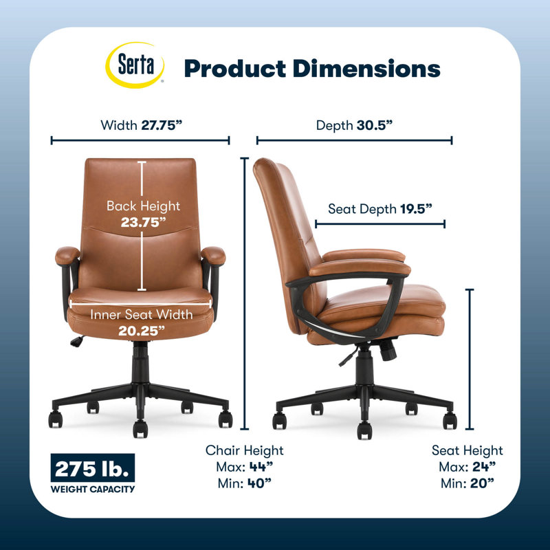 Serta Comfort Modern Executive Office Chair, Ergonomic Mid-Back, Semi Plush Cushion, Padded Armrest, Cognac