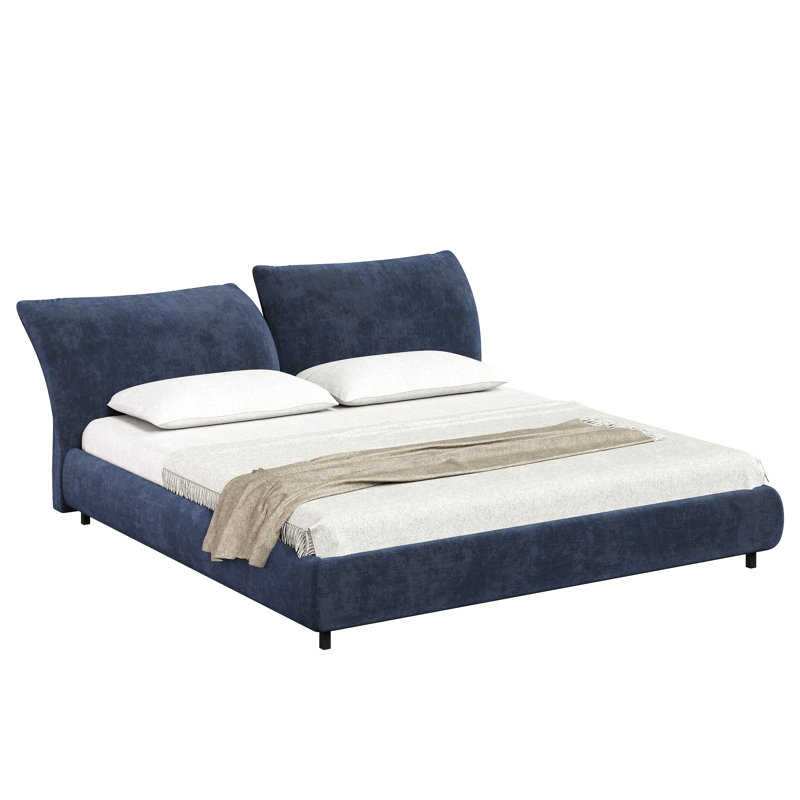 Miheli Upholstered Bed With Adjustable Headboard & Wooden Frame, Dark Blue, Queen