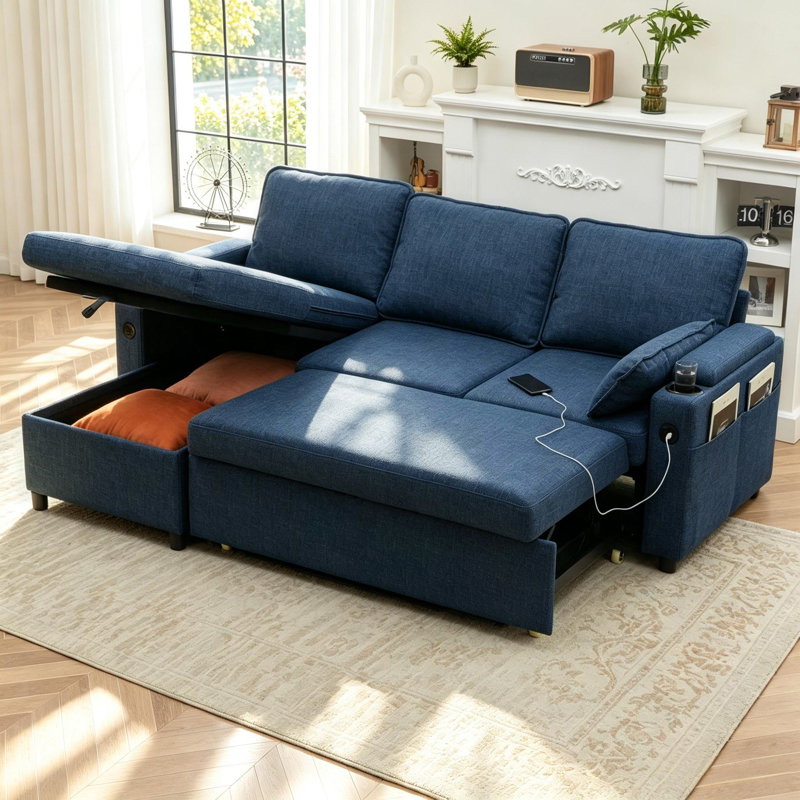 L Shaped Sofa Sleeper & Chaise, Blue