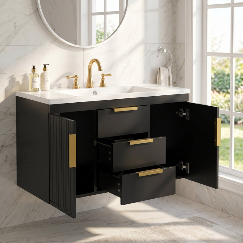Armoire de rangement flottante en bois aggloméré 36 pouces avec 2 tiroirs, Noir