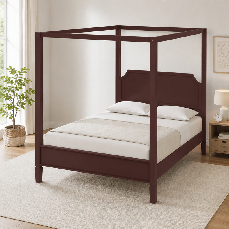Lit plateforme à baldaquin en bois avec tête de lit et pieds de support, Très grand lit, Noyer