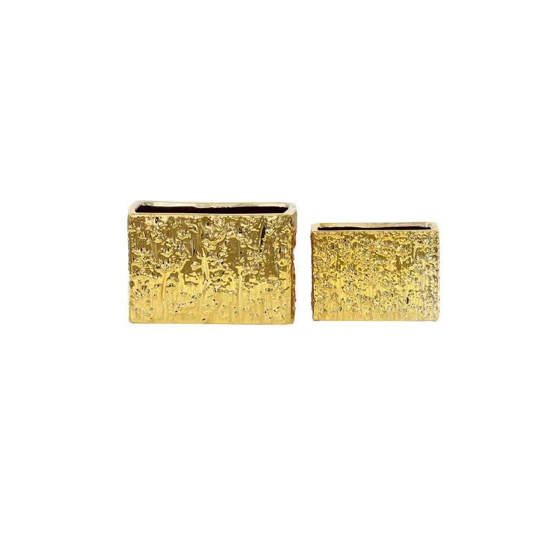 Ceramic Low Rectangle Vase with Embossed Abstract Design Body Set of Two Gloss Finish Gold..9.50"x4.50"x6.50"H; 7.50"x3.50"x5.50"H